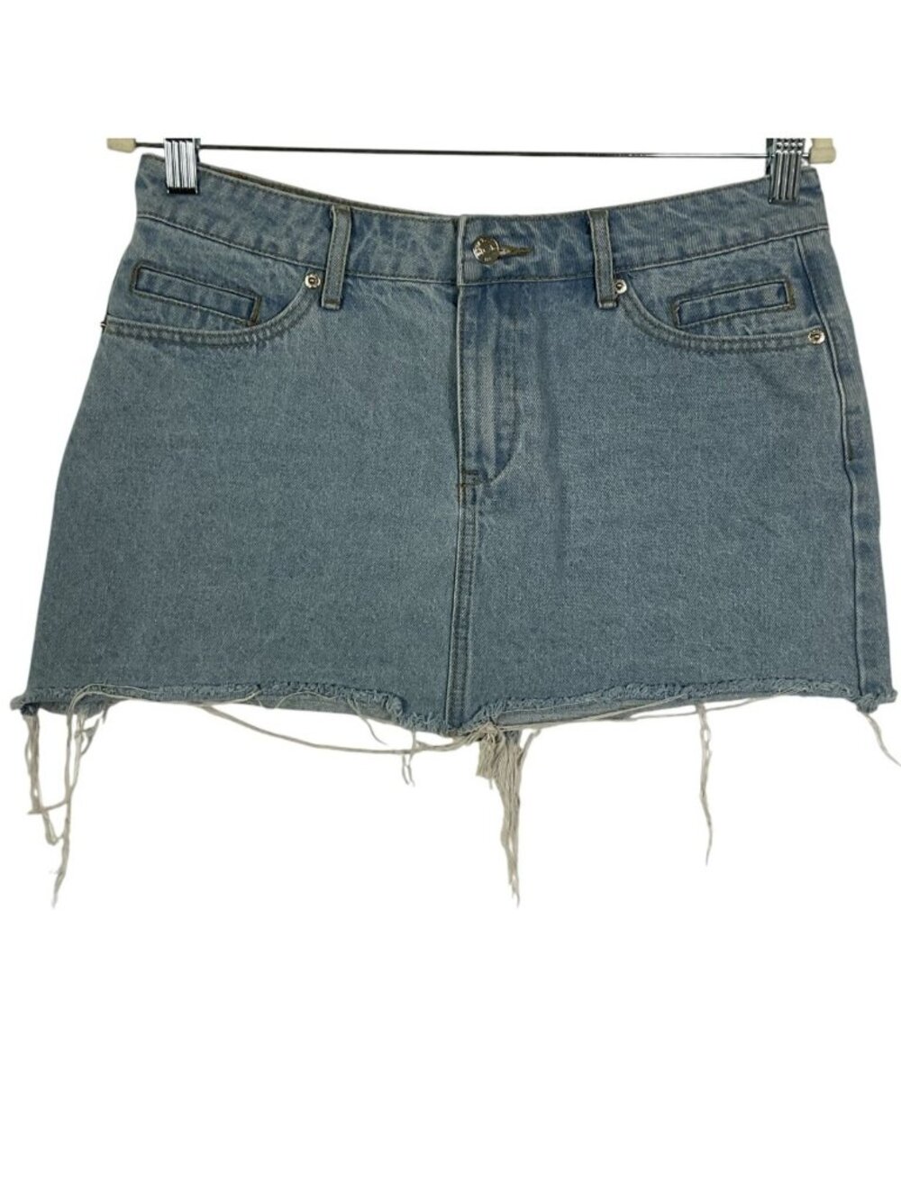 Edikted Micah Denim Mini Skirt Light Wash Distressed Frayed Hem Medium